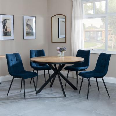 Bronx Industrial Oak Effect 4 Seater Round Dining Set With Spider Legs 4 Corona Blue Fabric Dining Chair