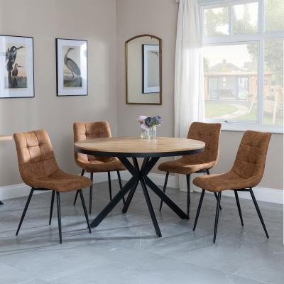 Bronx Industrial Oak Effect 4 Seater Round Dining Set With Spider Legs 4 Corona Brown Fabric Dining Chair