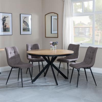 Bronx Industrial Oak Effect 4 Seater Round Dining Set With Spider Legs 4 Corona Camel Fabric Dining Chair