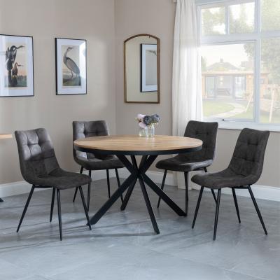 Bronx Industrial Oak Effect 4 Seater Round Dining Set With Spider Legs 4 Corona Grey Fabric Dining Chair