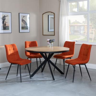 Bronx Industrial Oak Effect 4 Seater Round Dining Set With Spider Legs 4 Corona Orange Fabric Dining Chair