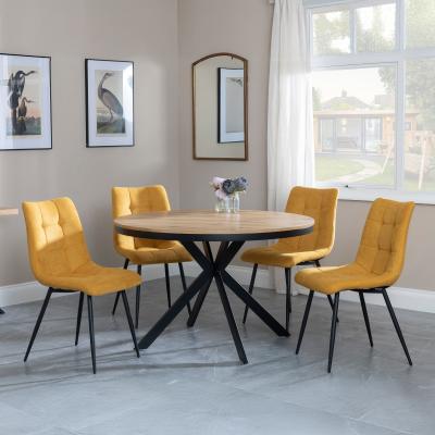 Bronx Industrial Oak Effect 4 Seater Round Dining Set With Spider Legs 4 Corona Yellow Fabric Dining Chair