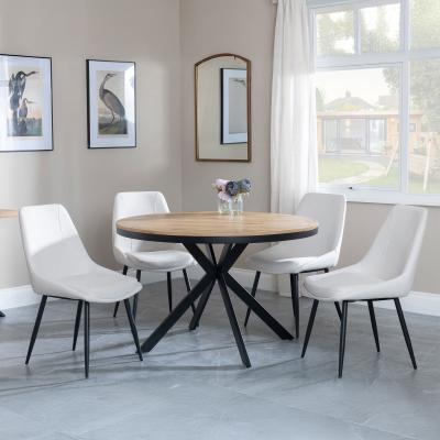 Bronx Industrial Oak Effect 4 Seater Round Dining Set With Spider Legs 4 Darwin Cream Fabric Dining Chair