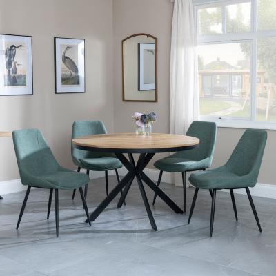 Bronx Industrial Oak Effect 4 Seater Round Dining Set With Spider Legs 4 Darwin Green Fabric Dining Chair