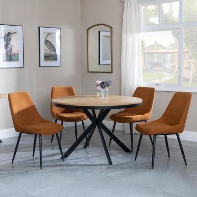 Bronx Industrial Oak Effect 4 Seater Round Dining Set With Spider Legs 4 Darwin Orange Fabric Dining Chair