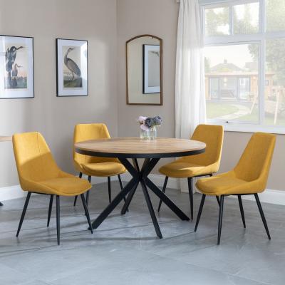 Bronx Industrial Oak Effect 4 Seater Round Dining Set With Spider Legs 4 Darwin Yellow Fabric Dining Chair