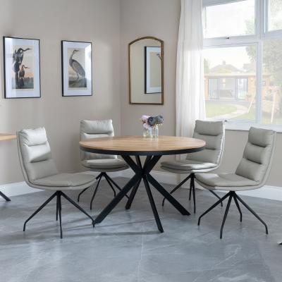 Bronx Industrial Oak Effect 4 Seater Round Dining Set With Spider Legs 4 Diego Beige Leather Swivel Dining Chair