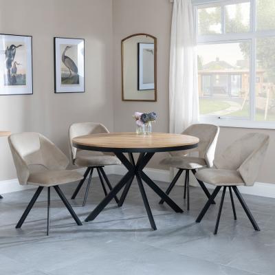 Bronx Industrial Oak Effect 4 Seater Round Dining Set With Spider Legs 4 Ion Beige Velvet Fabric Swivel Dining Chair