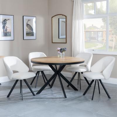 Bronx Industrial Oak Effect 4 Seater Round Dining Set With Spider Legs 4 Ion Cream Boucle Teddy Fabric Swivel Dining Chair