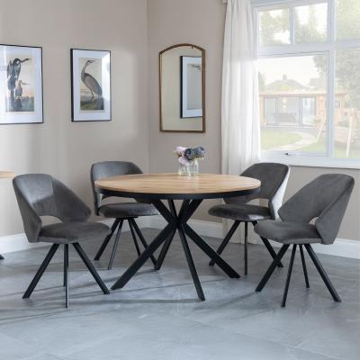 Bronx Industrial Oak Effect 4 Seater Round Dining Set With Spider Legs 4 Ion Dark Grey Velvet Fabric Swivel Dining Chair