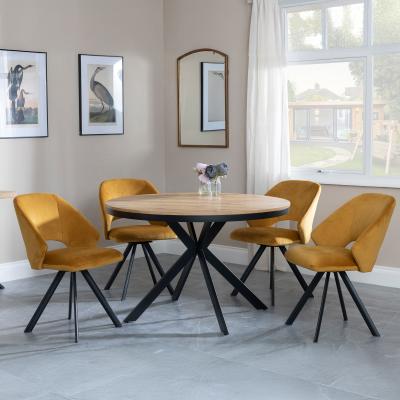 Bronx Industrial Oak Effect 4 Seater Round Dining Set With Spider Legs 4 Ion Mustard Velvet Fabric Swivel Dining Chair