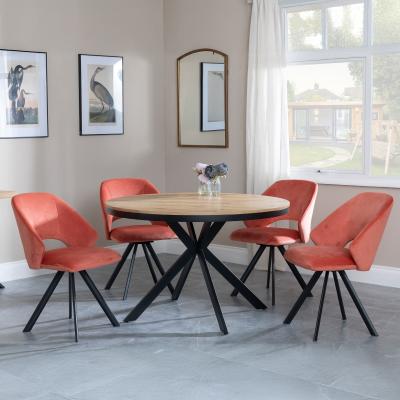 Bronx Industrial Oak Effect 4 Seater Round Dining Set With Spider Legs 4 Ion Orange Velvet Fabric Swivel Dining Chair