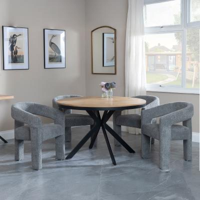 Bronx Industrial Oak Effect 4 Seater Round Dining Set With Spider Legs 4 Kiefer Grey Boucle Fabric Dining Chair