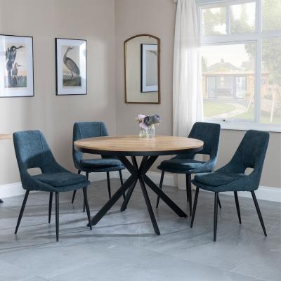 Bronx Industrial Oak Effect 4 Seater Round Dining Set With Spider Legs 4 Peyton Blue Fabric Dining Chair