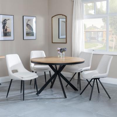 Bronx Industrial Oak Effect 4 Seater Round Dining Set With Spider Legs 4 Peyton Cream Fabric Dining Chair