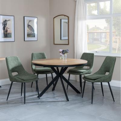 Bronx Industrial Oak Effect 4 Seater Round Dining Set With Spider Legs 4 Peyton Green Fabric Dining Chair