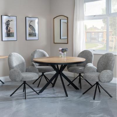 Bronx Industrial Oak Effect 4 Seater Round Dining Set With Spider Legs 4 Theo Dark Grey Fabric Swivel Dining Chair