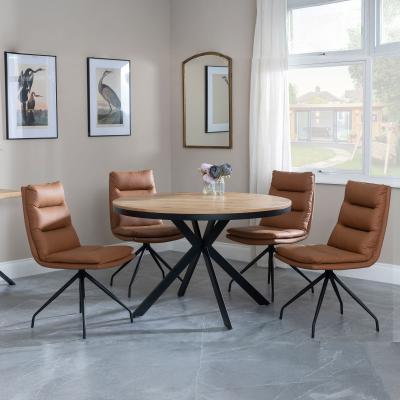 Bronx Industrial Oak Effect 4 Seater Round Dining Set With Spider Legs 4 Diego Brown Leather Swivel Dining Chair