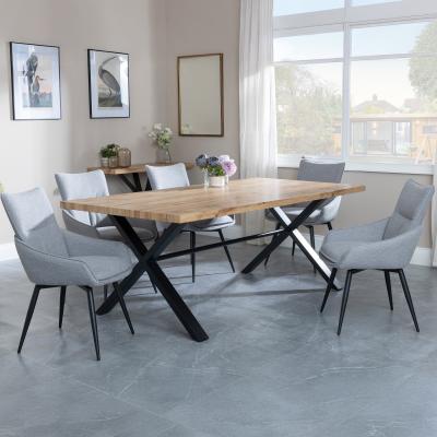 Bronx Industrial Oak Effect Dining Set With Cross Legs Ace Grey Fabric Swivel Dining Chair