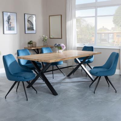 Bronx Industrial Oak Effect Dining Set With Cross Legs Arctic Blue Velvet Fabric Swivel Dining Chair