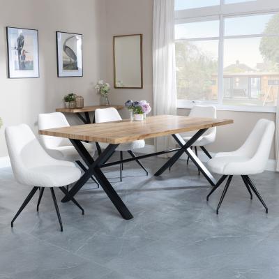 Bronx Industrial Oak Effect Dining Set With Cross Legs Arctic Cream Velvet Fabric Swivel Dining Chair