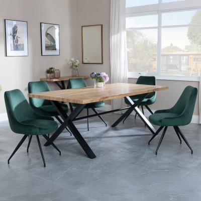 Bronx Industrial Oak Effect Dining Set With Cross Legs Arctic Green Velvet Fabric Swivel Dining Chair