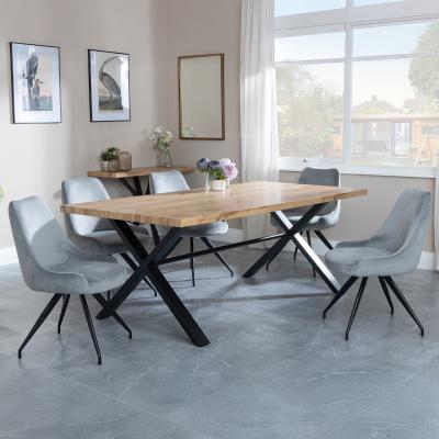 Bronx Industrial Oak Effect Dining Set With Cross Legs Arctic Grey Velvet Fabric Swivel Dining Chair