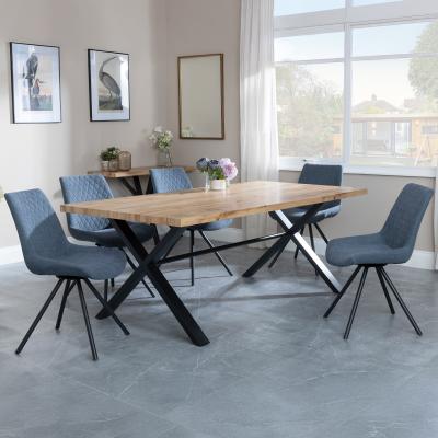 Bronx Industrial Oak Effect Dining Set With Cross Legs Boden Dark Grey Fabric Swivel Dining Chair