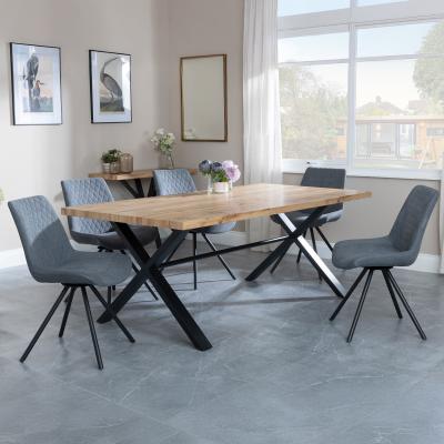 Bronx Industrial Oak Effect Dining Set With Cross Legs Boden Grey Fabric Swivel Dining Chair