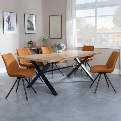 Bronx Industrial Oak Effect Dining Set With Cross Legs Boden Orange Fabric Swivel Dining Chair