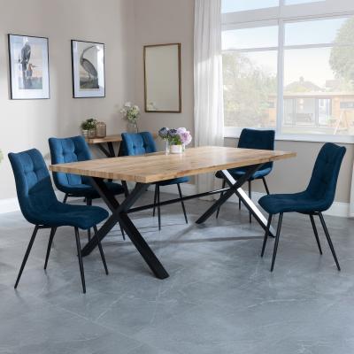 Bronx Industrial Oak Effect Dining Set With Cross Legs Corona Blue Fabric Dining Chair