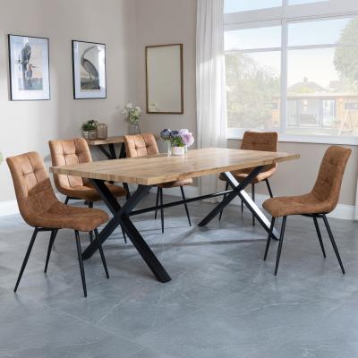 Bronx Industrial Oak Effect Dining Set With Cross Legs Corona Brown Fabric Dining Chair