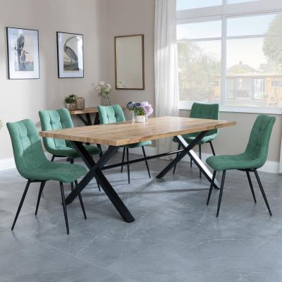 Bronx Industrial Oak Effect Dining Set With Cross Legs Corona Green Fabric Dining Chair