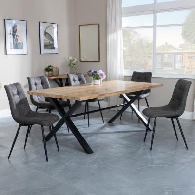 Bronx Industrial Oak Effect Dining Set With Cross Legs Corona Grey Fabric Dining Chair