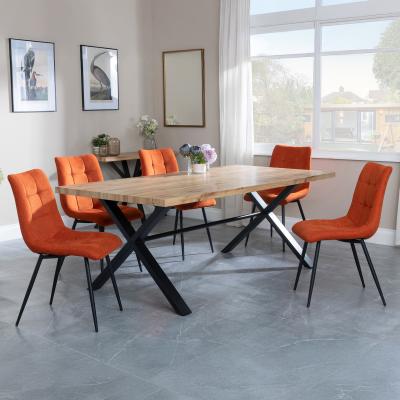 Bronx Industrial Oak Effect Dining Set With Cross Legs Corona Orange Fabric Dining Chair