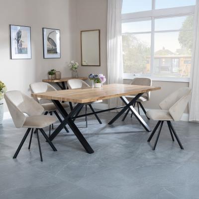 Bronx Industrial Oak Effect Dining Set With Cross Legs Ion Beige Velvet Fabric Swivel Dining Chair