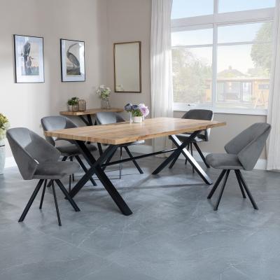 Bronx Industrial Oak Effect Dining Set With Cross Legs Ion Dark Grey Velvet Fabric Swivel Dining Chair