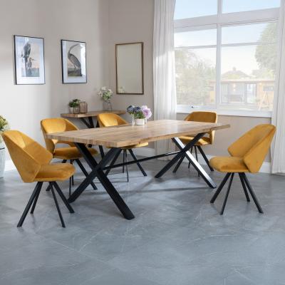 Bronx Industrial Oak Effect Dining Set With Cross Legs Ion Mustard Velvet Fabric Swivel Dining Chair