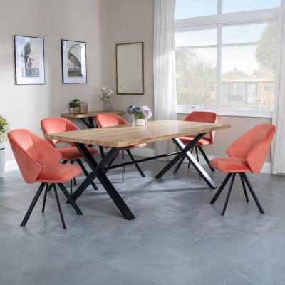 Bronx Industrial Oak Effect Dining Set With Cross Legs Ion Orange Velvet Fabric Swivel Dining Chair