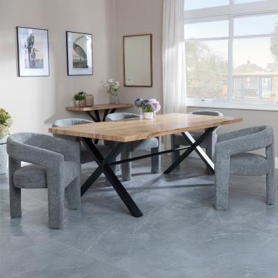 Bronx Industrial Oak Effect Dining Set With Cross Legs Kiefer Grey Boucle Fabric Dining Chair