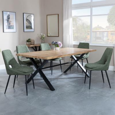 Bronx Industrial Oak Effect Dining Set With Cross Legs Peyton Green Fabric Dining Chair