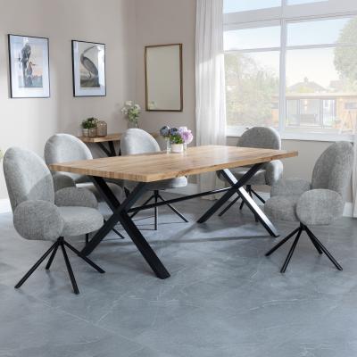 Bronx Industrial Oak Effect Dining Set With Cross Legs Theo Dark Grey Fabric Swivel Dining Chair