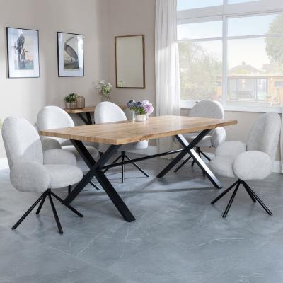 Bronx Industrial Oak Effect Dining Set With Cross Legs Theo Grey Fabric Swivel Dining Chair