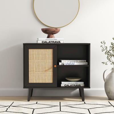 Product photograph of Ferrero Black And Woven Rattan 1 Door Cabinet from Choice Furniture Superstore