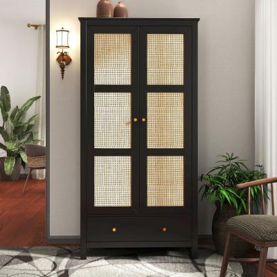 Ferrero Black And Woven Rattan 2 Door 1 Drawer Wardrobe