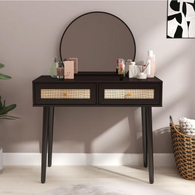 Ferrero Black And Woven Rattan 2 Drawer Dressing Table With Mirror