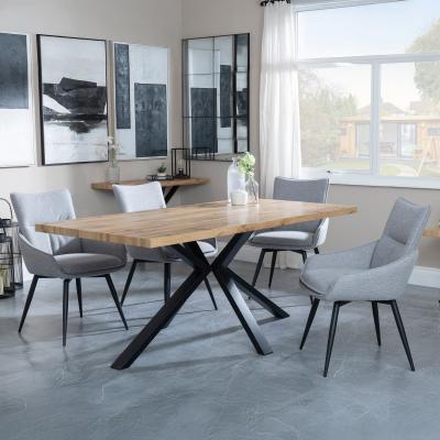 Bronx Industrial Oak Effect Dining Set With Spider Legs Ace Grey Fabric Swivel Dining Chair