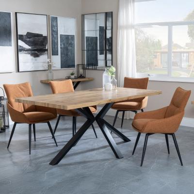 Bronx Industrial Oak Effect Dining Set With Spider Legs Ace Orange Fabric Swivel Dining Chair