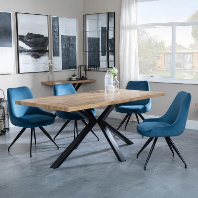 Bronx Industrial Oak Effect Dining Set With Spider Legs Arctic Blue Velvet Fabric Swivel Dining Chair