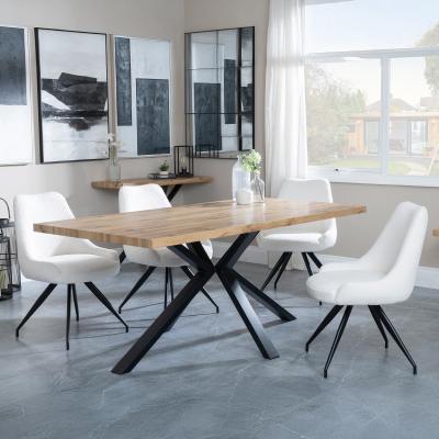 Bronx Industrial Oak Effect Dining Set With Spider Legs Arctic Cream Velvet Fabric Swivel Dining Chair